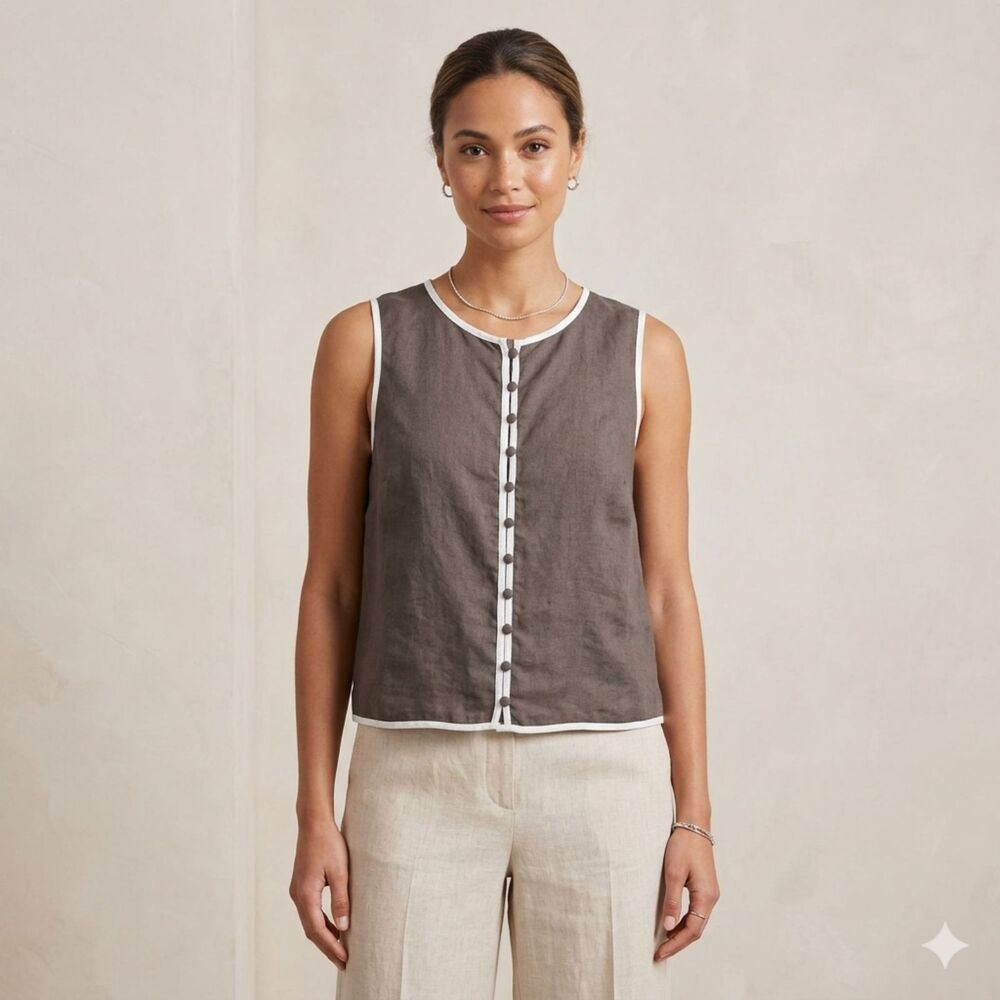 Tahari 100% Linen Sleeveless Button Front Top Grey White Trim Size M Boho Luxe - Picture 1 of 7